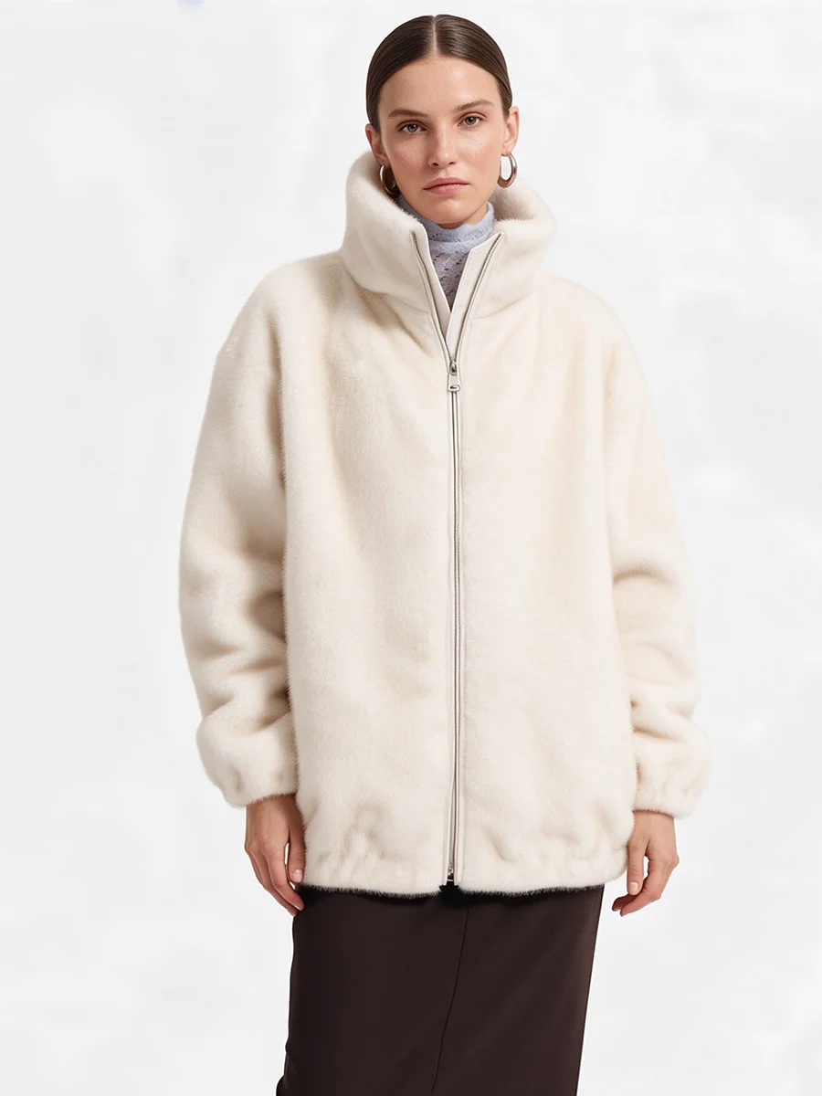 Women Faux Mink Fur Jacket Zipper Stand Collar Loose Winter Warm Coat Outerwear
