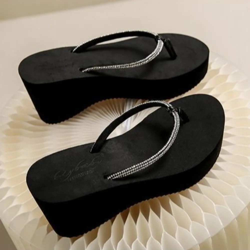 Water Diamond Flip Flops Women Summer Slope Heel Thick Soled Height Increasing Slippers Womens Beach Clip on Women's Slippers
