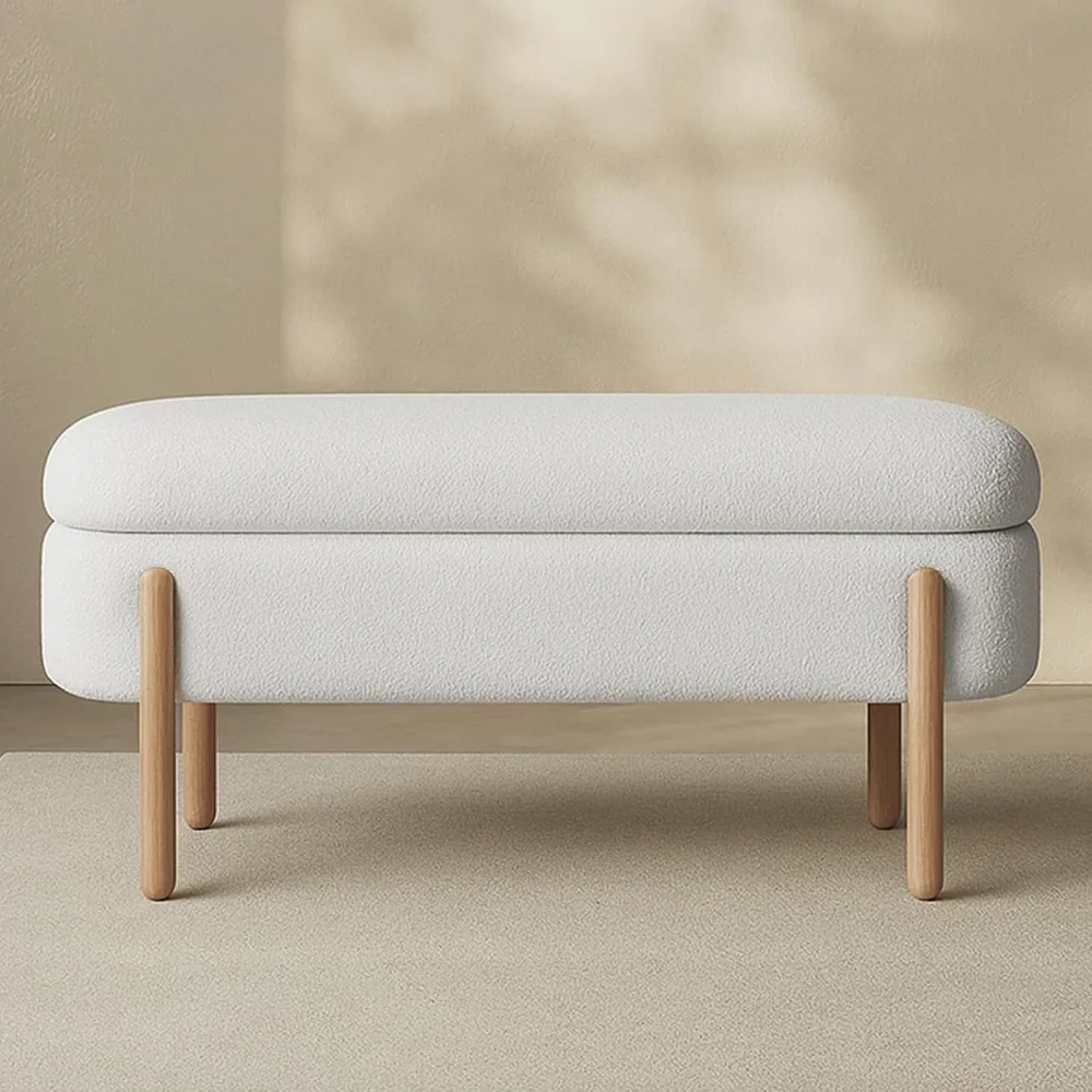 

41'' Boucle Storage Ottoman Bench for Bedroom End of Bed, Sherpa Upholstered Oval Blanket with Solid Wood Legs, Fabric Footrest