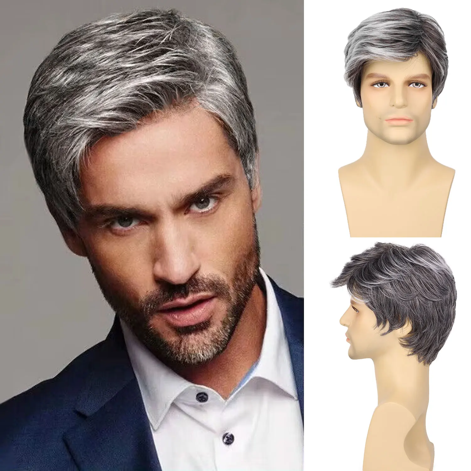 Synthetic Men Wigs Short Silver Gray Wig Synthetic Heat Resistant Natural Halloween Cosplay Christmas gifts Hair Wig