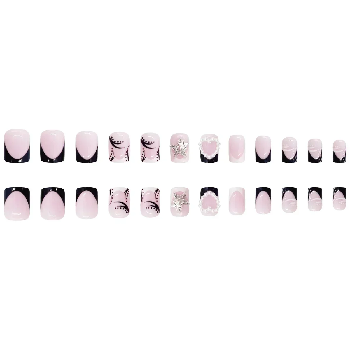 24pc Black White Short Square Head Nails Press on Curve Wave Point 3D Star Love Design Fake Nails Ballerina Full Cover Nail Tips