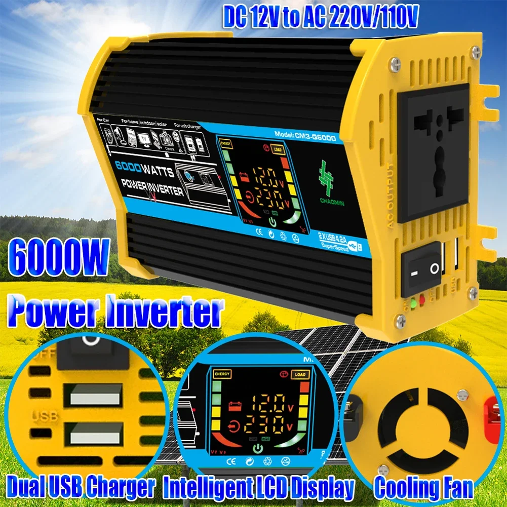 4000/6000W Inverter 12v 220v 110v Modified Sine Wave Car Power Inverter Transformer Convert LCD Display Vehicle Inverter 2USB