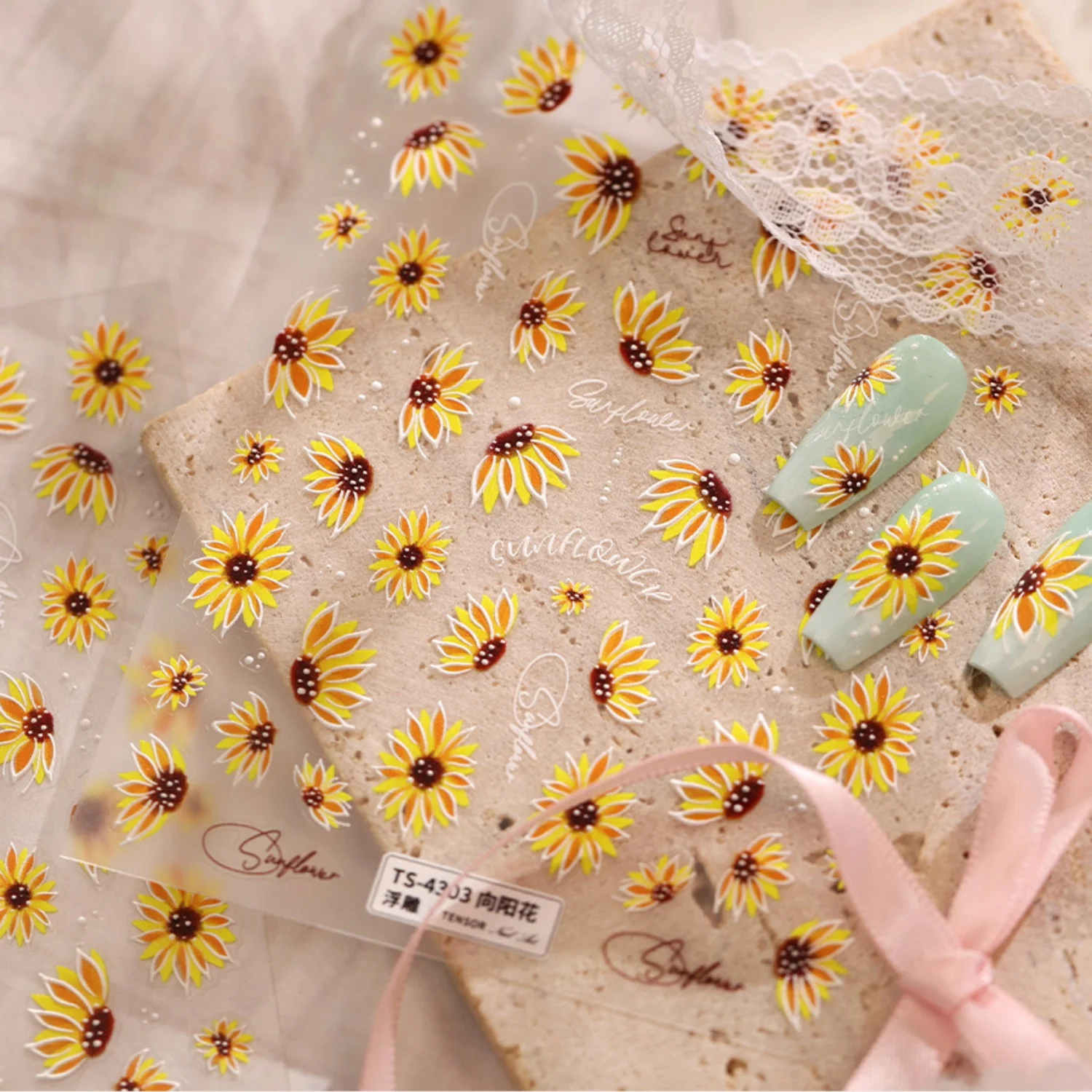 Fresh Pastoral 5D Nail Sticker Blooming Sunflower Petal Floral Element Self Adhesive Nail Decal Spring Summer Natural Manicure