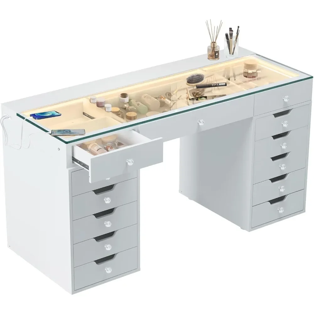 

Large Vanity Desk with 13 Drawer Type C USB Charging, Makeup Vanity Table with 3 Light Modes, Bedroom Dressing Table 3 L