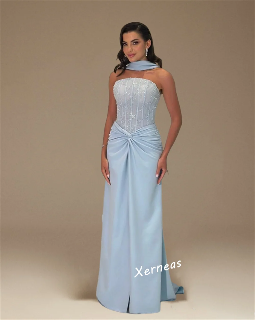 فساتين سهرة فاخرة بطول الأرض بدون حمالات بطيات جيرسي مخصصة لمناسبات خاصة مخصصة لامعة أنيقة #2