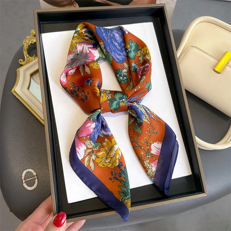 70*70cm Silk Square Scarf Women Soft Flowers Print Hairband Foulard Neckerchief Hijab Tie Bag Ribbon Headband Fashion Decoration