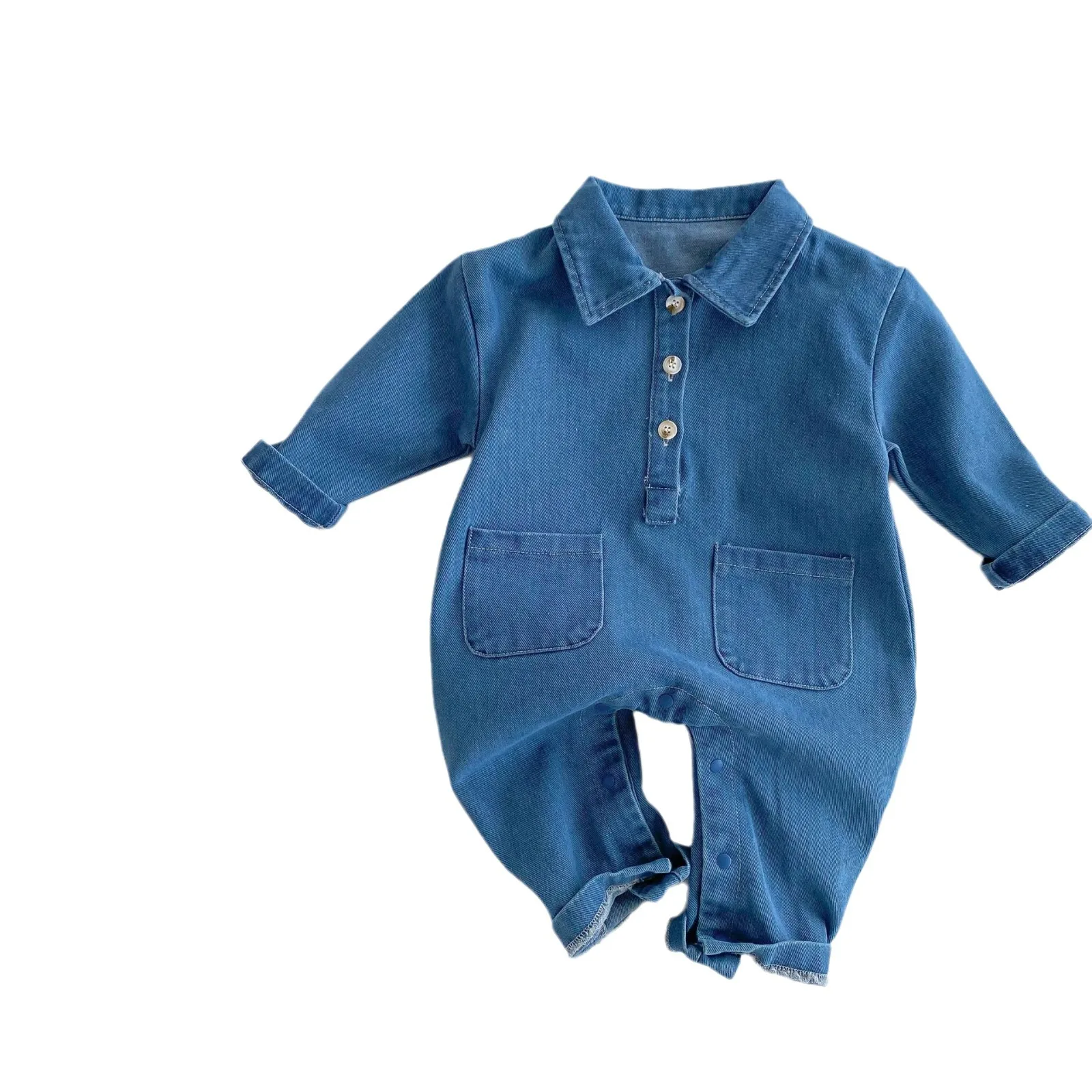 Autumn Baby Boys Denim Bodysuit Pocket Solid Turndown Collar Loose Infant Boys Overalls Stretch Long Sleeve Toddler Boys Outfits