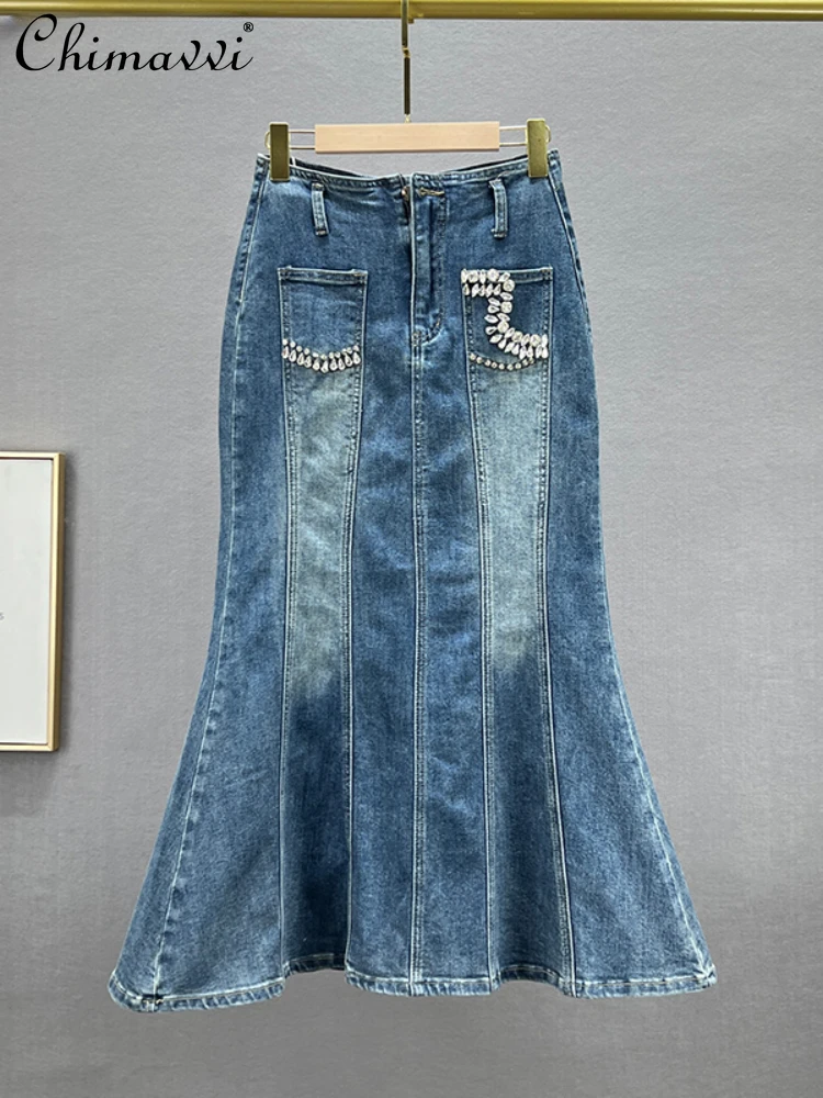 

Women's Diamond Denim Skirt Female 2023 Summer New Elastic High Waist Slim Mid-Length Fishtail Skirts for Women Jeans Skirt