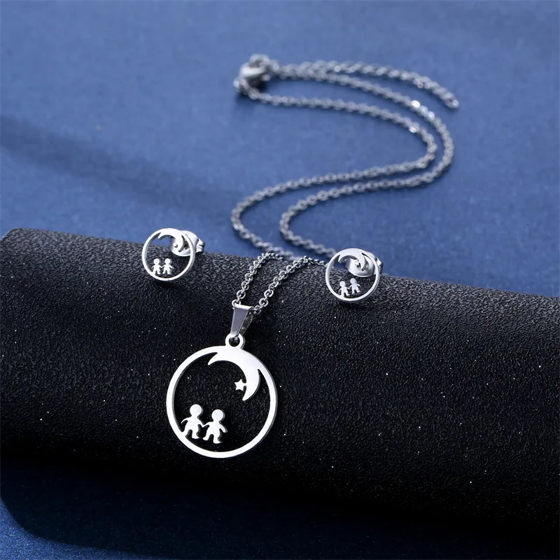 Stainless Steel Silver Filled love charm Moon Star Earring Necklace Jewelry Set Stud Earrings Dropshipping