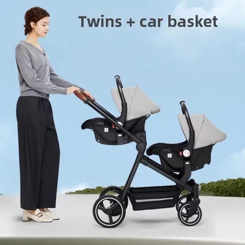 

Airplane Approved Twin Baby Stroller with Car Seats Foldable Lightweight Double Travel Pushchair Cabin Size Infant Pram System