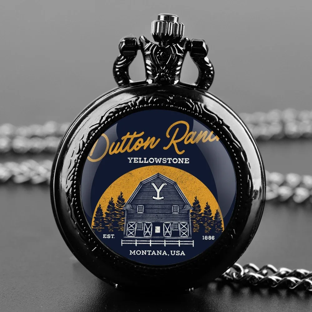 Yellowstone Dutton Ranch Glass Dome Pocket Watch with Chain Necklace Vintage Quartz Pendant Watches Mens Women Gift