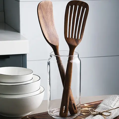Teak Spatel Set med 2 Träspatel För Matlagning Nonstick Köksredskap Långt Handtag Värmebeständigt Spårad Vändverktyg 10 best sales träskedsset - №7