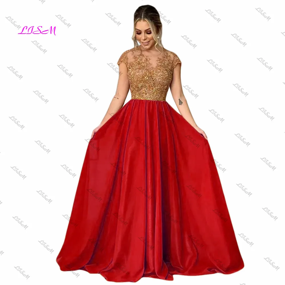 Elegante A-Line Chiffon Abendkleid Lange Perlen Appliques Scoop Kappen-hülsen Abendkleider Illusion Zurück Formal Anlass Kleider