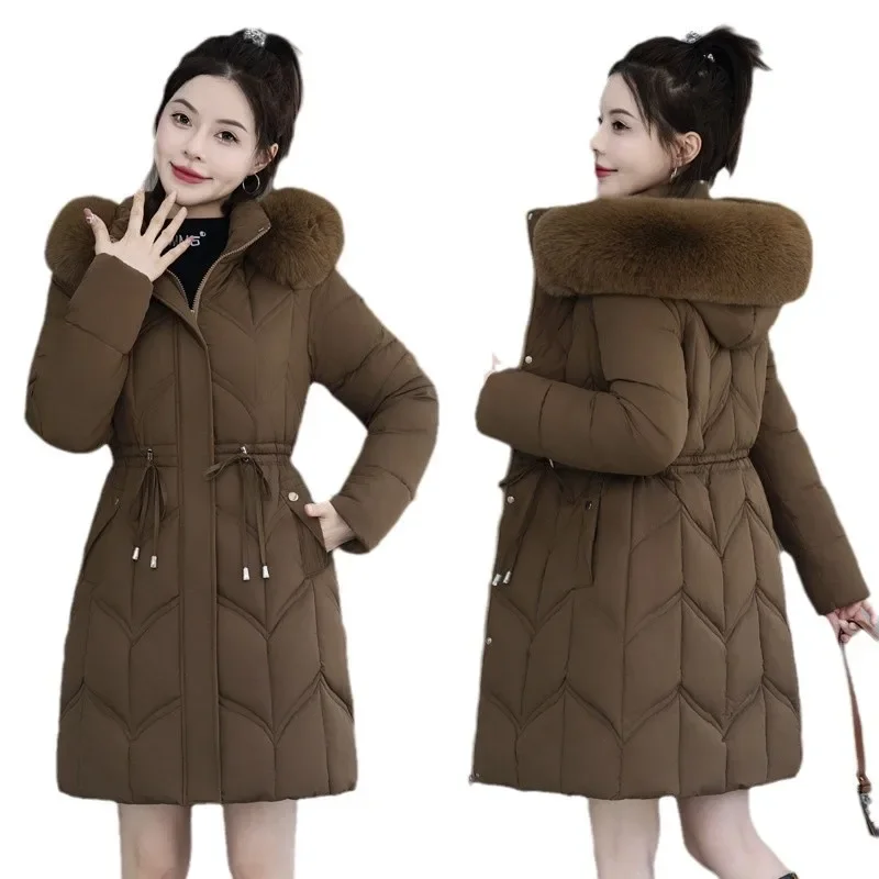 Long Down Jacket with Fur Collar for Women, Cinched Cotton Jacket, Fashionable Warm Coat, Korean Version, Winter, New Style