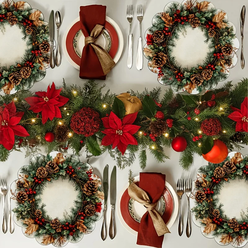 VIKAMA クリスマス松ぼっくりリースプレースマット4枚セット 松の枝 家族の集まり クリスマスのテーブルデコレーションとアクセサリー