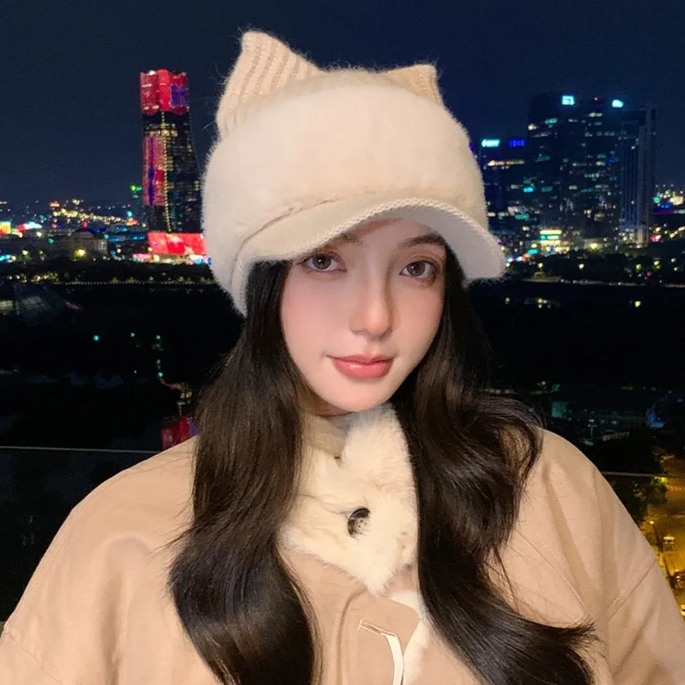 Polyester Cat Ear Cap Thick Warm Lining 56cm to 58cm Head Circumference Winter Beanie Hat Face Slimming Ear Protection