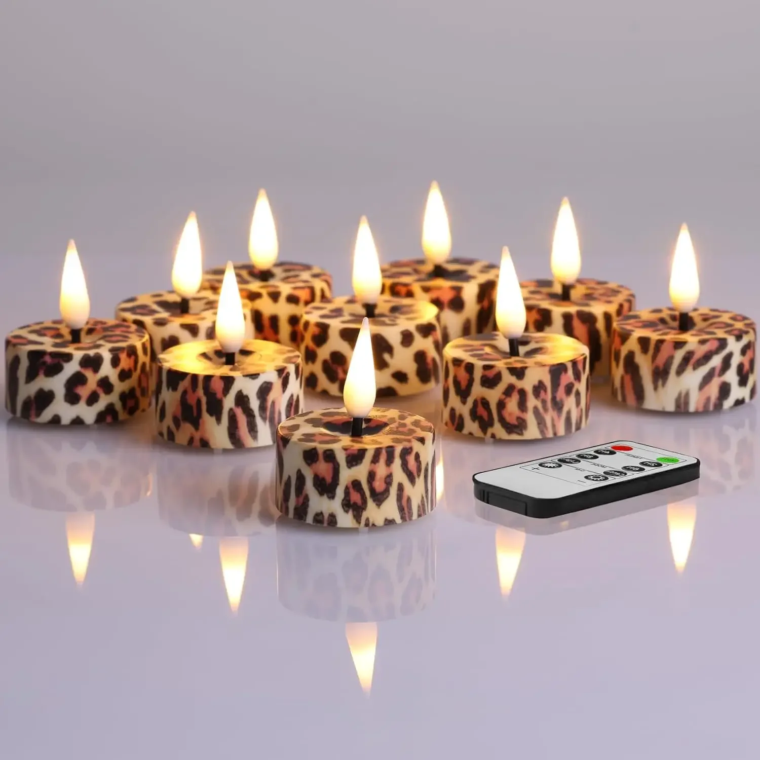 

Flameless Leopard Tealights With Remote – Set Of 12 LED Votive Candles, Battery Included