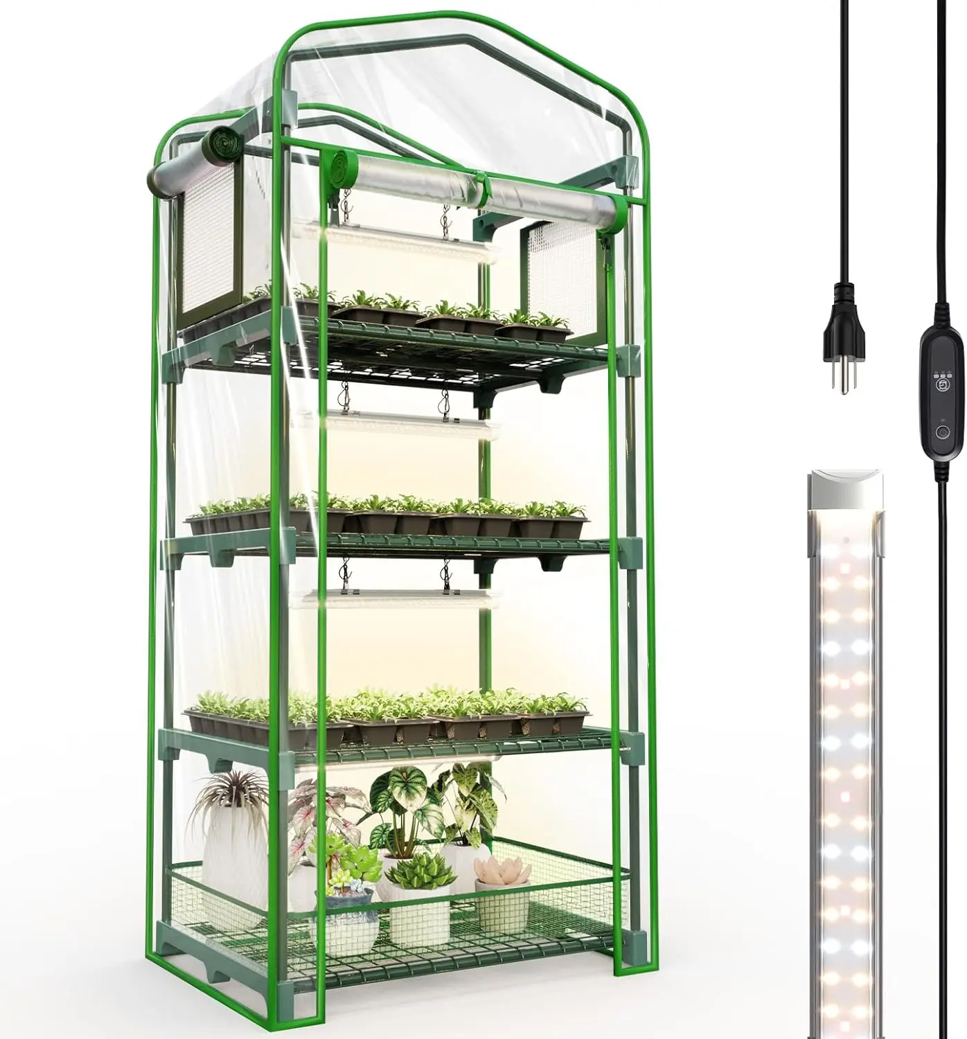 

4-Tier Indoor Greenhouse with LED Grow Lights, Waterproof PVC Tent, Timer & Ventilation for Seed Starting