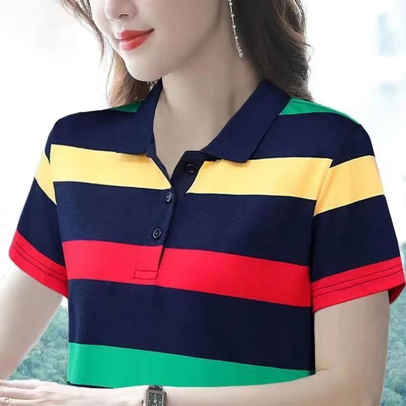 2024 Women Summer Tops Strip Tees Sexy Vintage Short Sleeve 5XL Polo T Shirts Loose Casual Befree Boho Tees