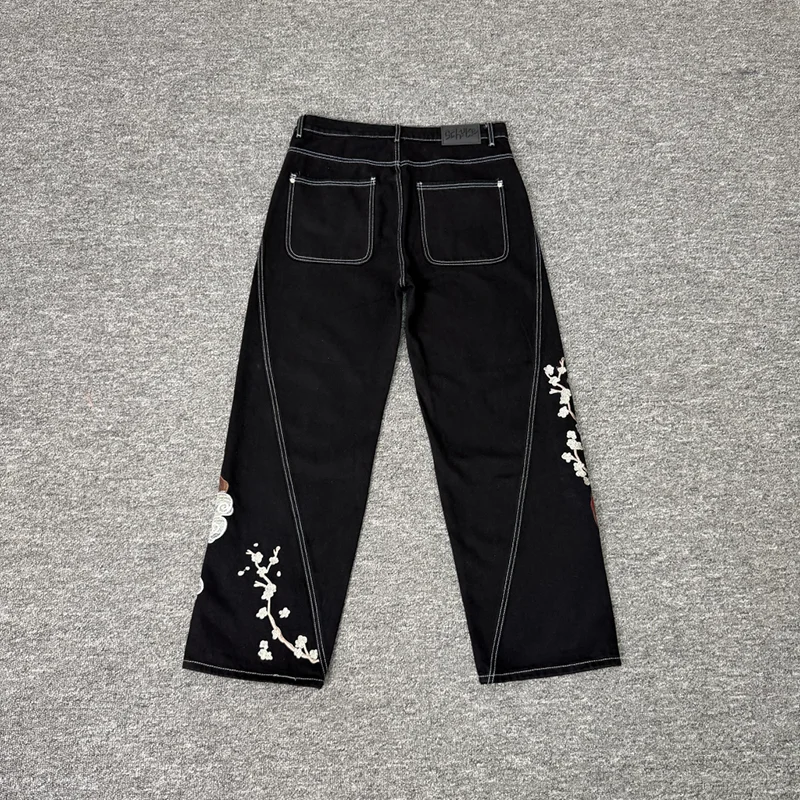 New DERSCHUTZE Men Jeans, Heavy 3D Dragon Tiger Floral Embroidery Black Contrast Stitch Loose Straight Floor Pants