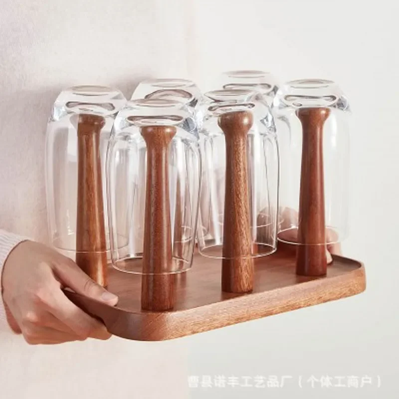 Ebony Wood Cup Holder Desktop Storage Rack for Glass Teacups Water Mugs Mildew Proof Drainage Design Home Kitchen Organizer