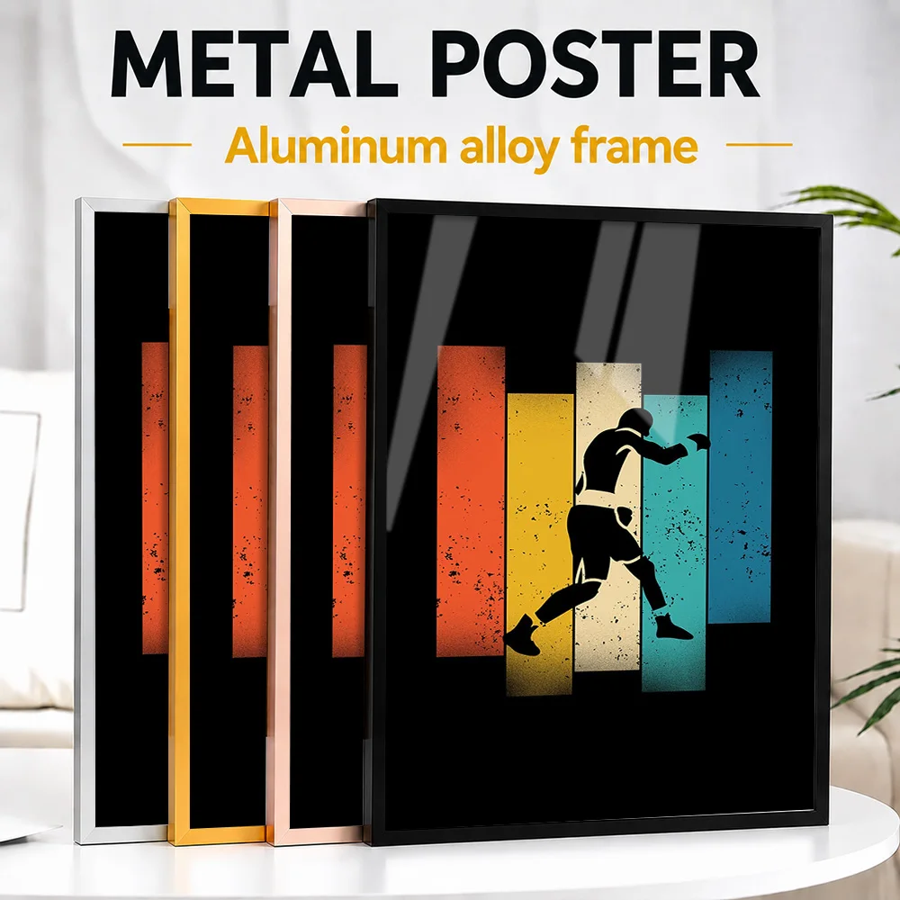 Retro Boxing Silhouette Framed Metal Poster Personalized Photo Warm Heritage Style Wall Art For Living Room Memorable Fan Gift