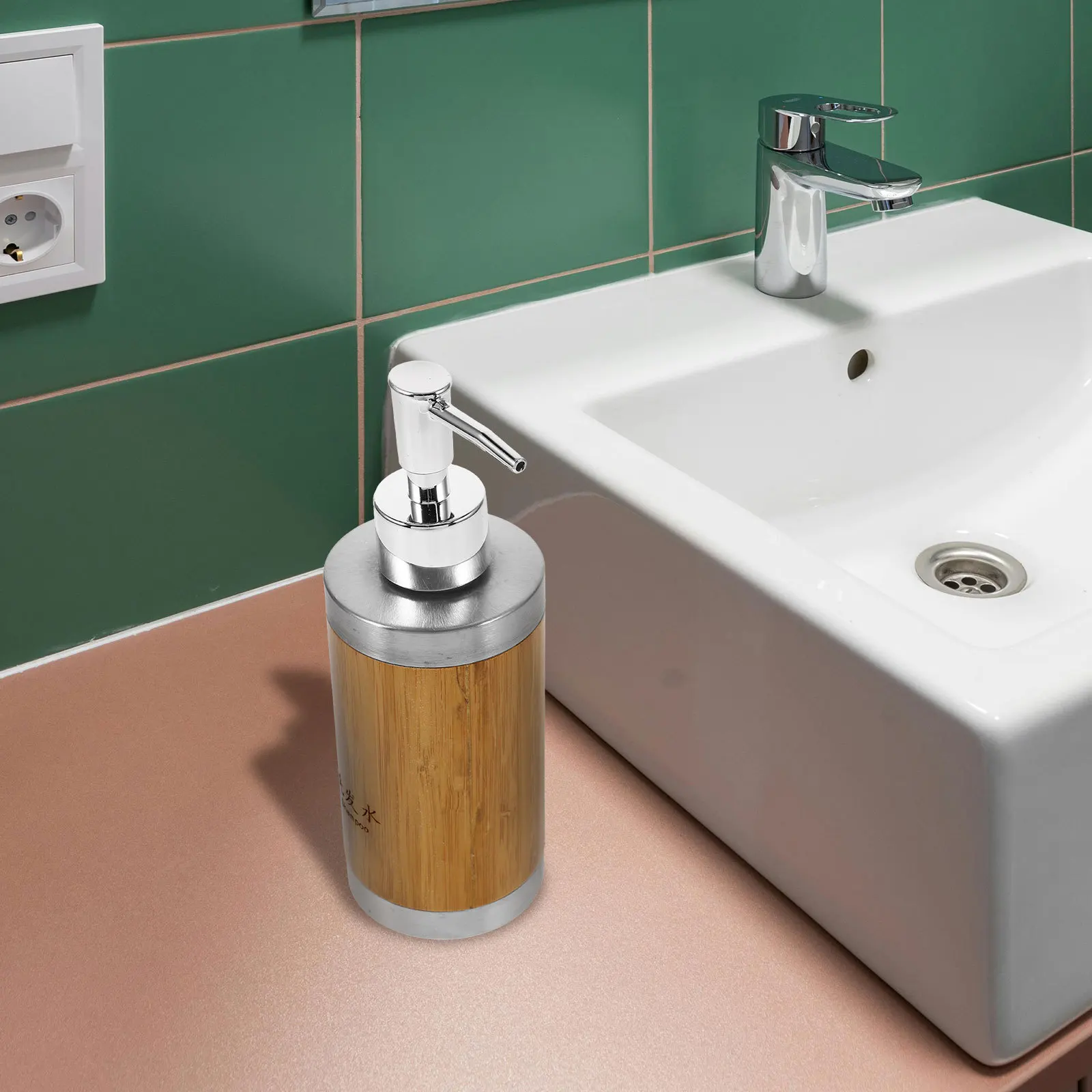 

250Ml Elegant Refillable Pump Dispenser for Lotion Hand Soap Shampoo Bamboo Plastic Stainless Steel Bathroom Accessory Set