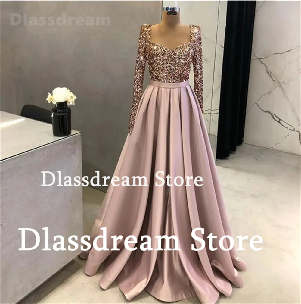 New Arab Formal Evening Dress For Women Sequin V-Neck Long Sleeves A-Line Satin Prom Dress Floor-Length Wedding Party Dress