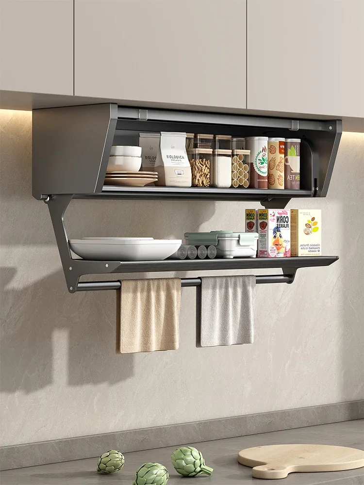 Kitchen hanging cabinet lower storage rack pull-down cabinet lifting multifunctional seasoning rack wall hanging folding