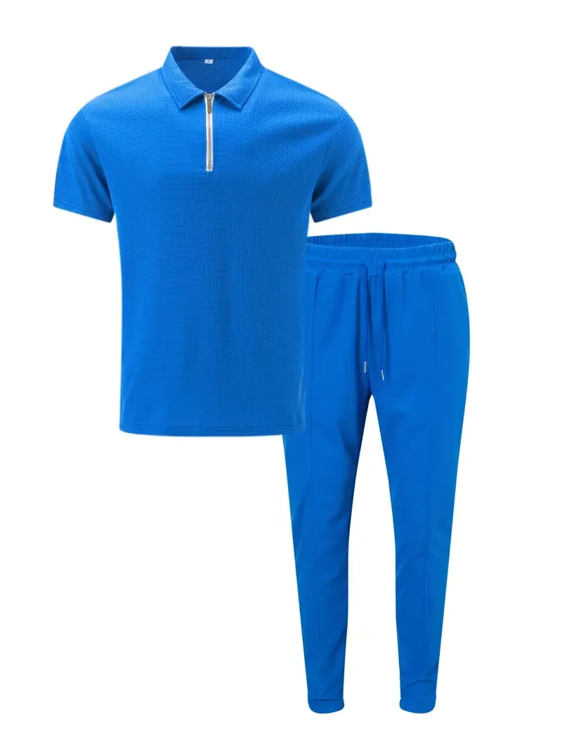 

Black Short Sleeve Zip Polo Shirt and Pants Set for Men Business Casual Wear Fashion Print Comfort Fit Breathable Fabric