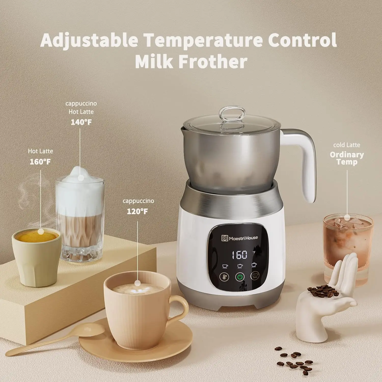 Maestri House Mousseur à lait à température variable et épaisseur de mousse Mousseur et cuiseur vapeur 21OZ/600ML Chauffe-lait intelligent à commande tactile