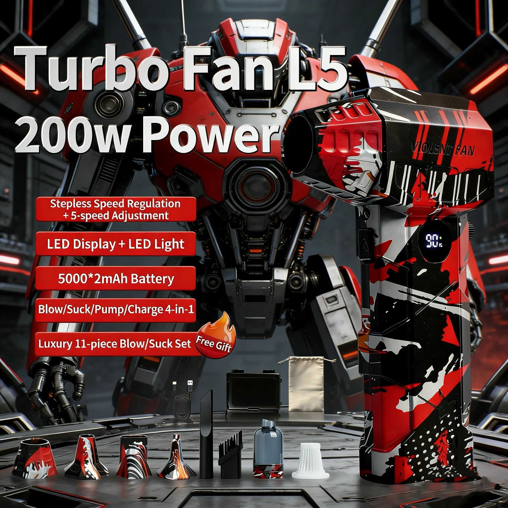 

L5Pro Воздуходувка 140000 об/мин Турбоструйный вентилятор Мощный компьютерный пылеудув Инструменты для очистки Тип-C Перезарядка Портативная ручная дрейка