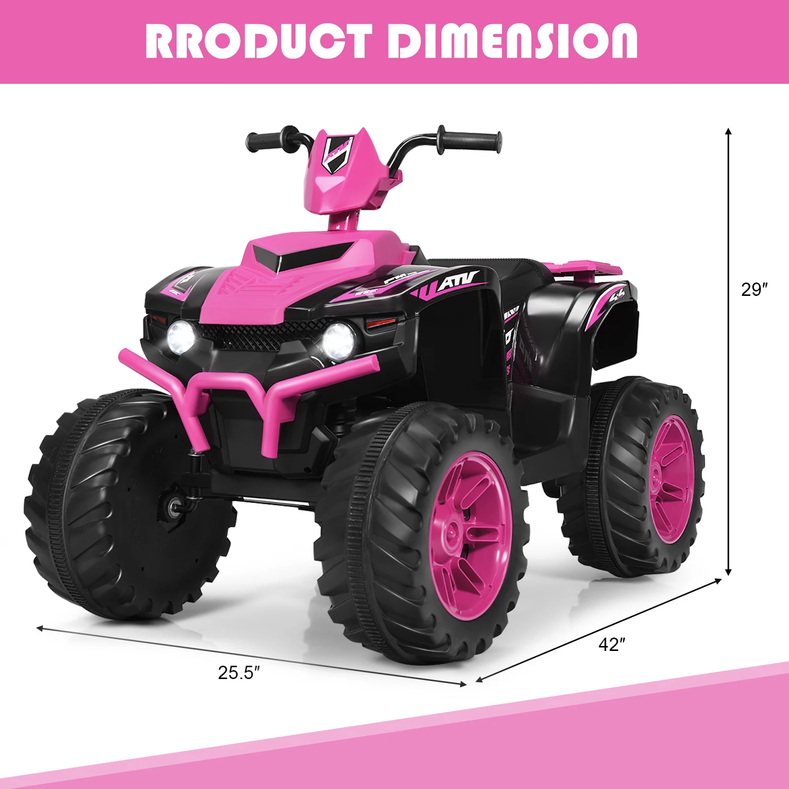 Crianças 4-Wheeler ATV Quad Ride On Car com luz LED e música, rosa, 12V