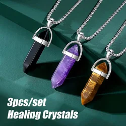 3pcs/set Crystal Necklace Healing Amethyst Black Obsidian Hexagonal Gemstone Pendant Necklace Spiritual Natural Reiki Quartz Tig