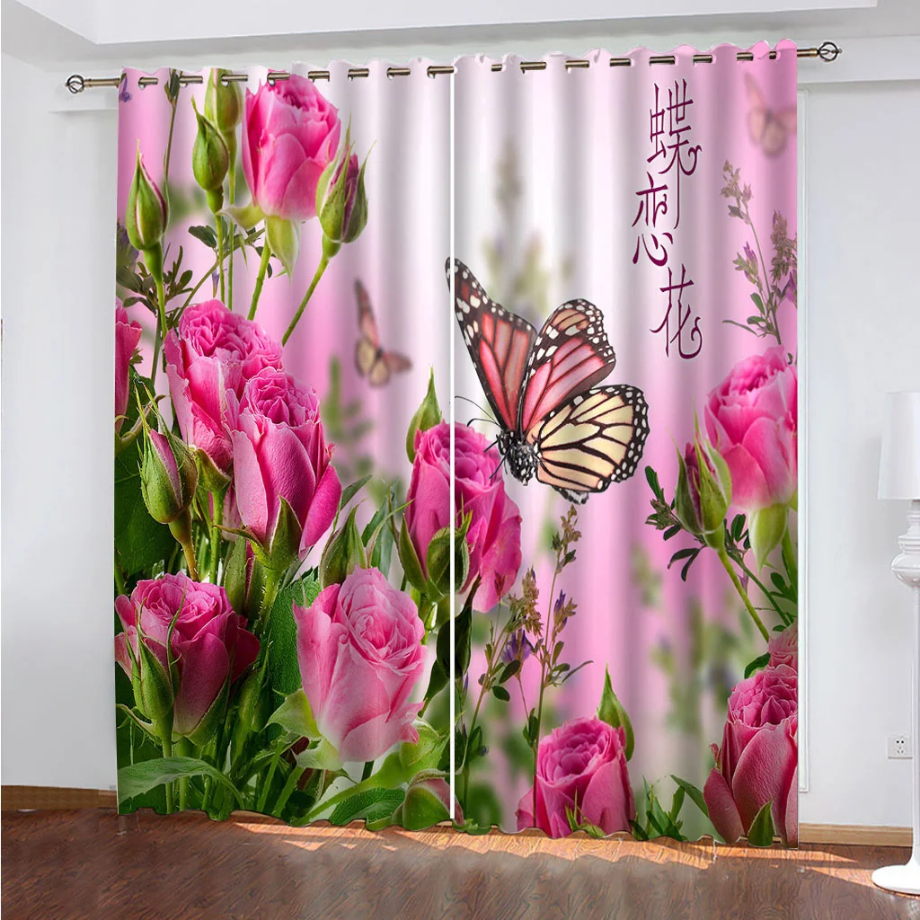 Living Room Decoration 3D Animal Plant Dancing Butterfly Flower Bedroom Curtains Set, Shade Curtain, 2 Pieces Free Shiping