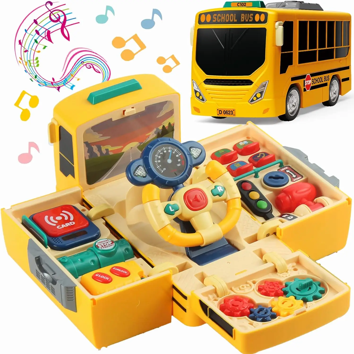 Montessori Bus Toy with Sound and Light, Kids Simulation Steering Wheel Gear Toy, Toddlers Simulation Driving Bus Toys