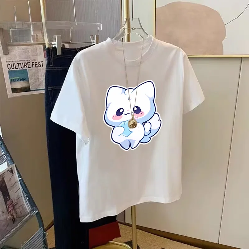 

Snow Girl Series Original cartoon heart hugging snow spirit printed cotton T-shirt for women summer loose casual round neck top