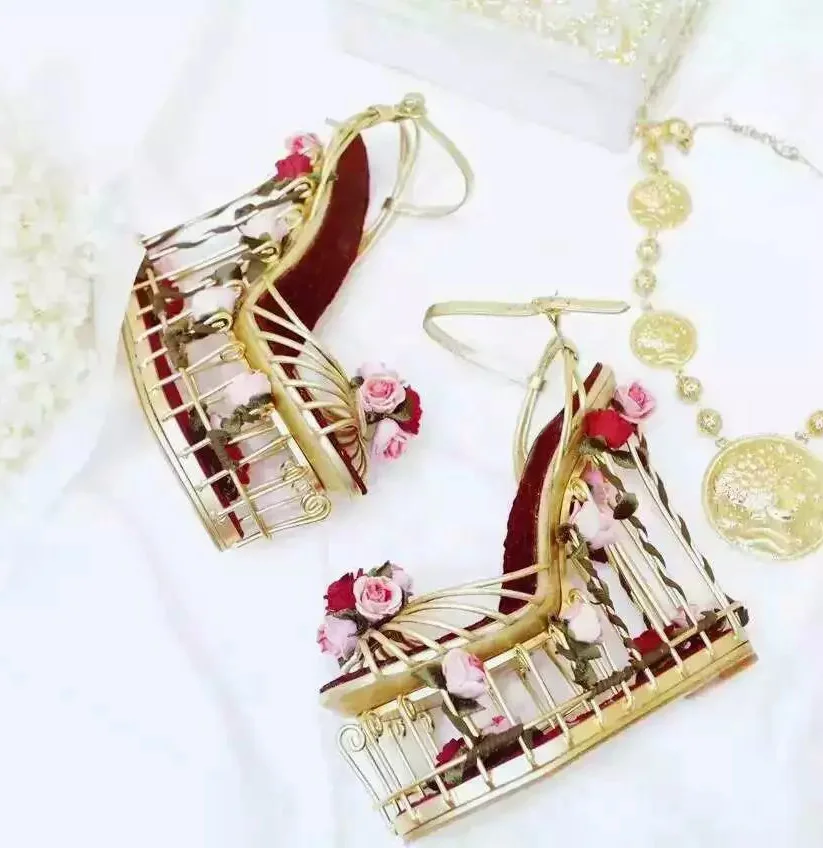 Red Pink Flowers Twined Metal Fretwork Bird Cage Platform Wedge Heels Sandals Woman Gold Thin Strap Wedding Dress Shoes