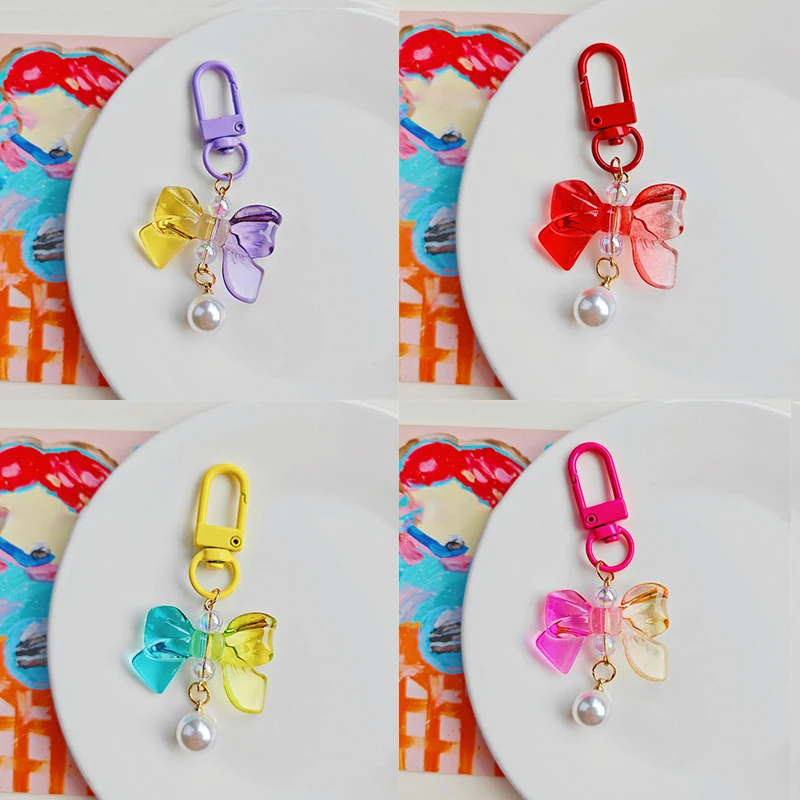 Gradient Bow Pearl Keychain Colored Car Keyring For Women Girls Handbag Mobile Pendant Headphone Case Accessories Jewelry