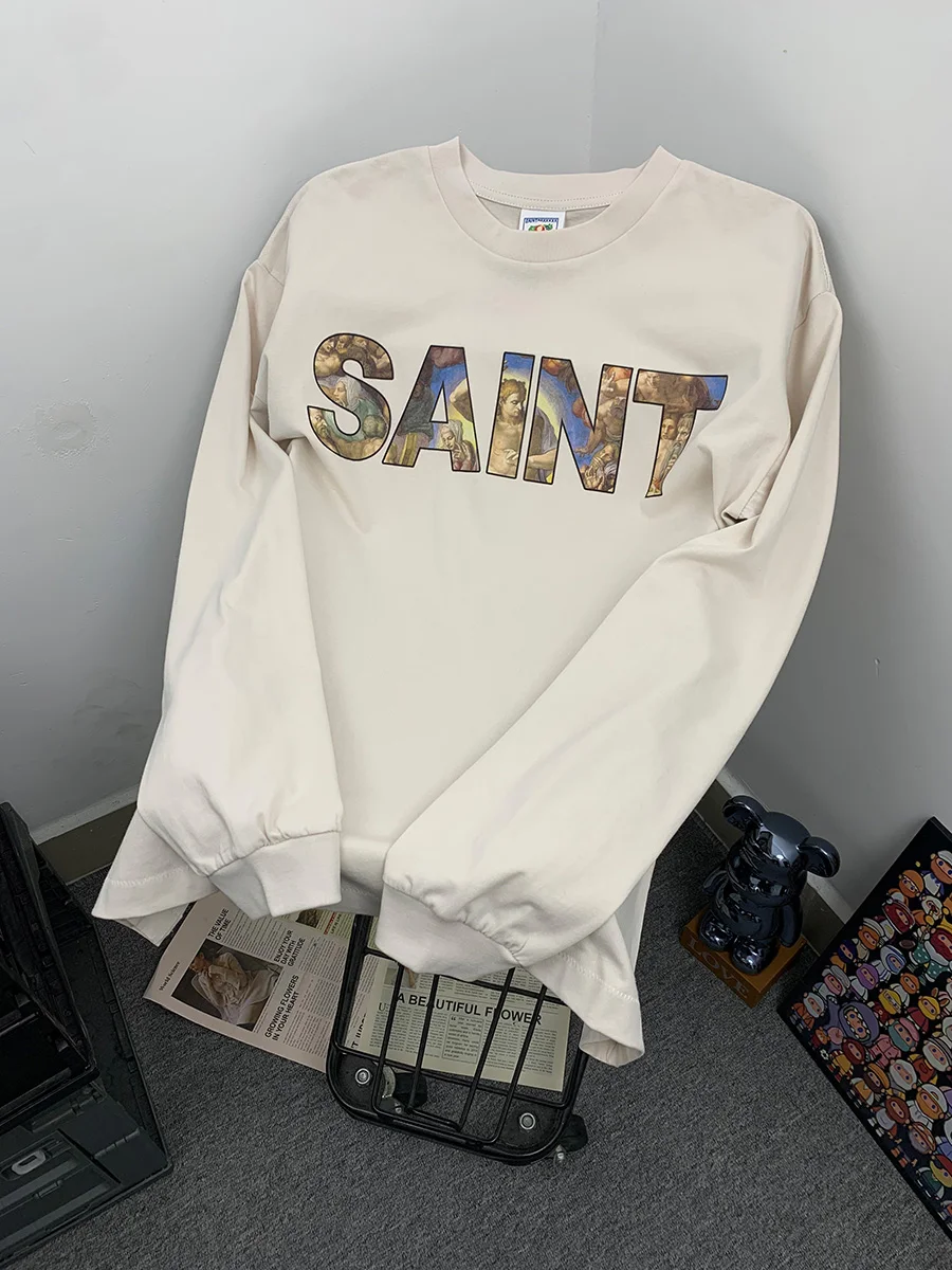 Washed Heavyweight Long Sleeve T-Shirt Men's Loose Fit Printed Graphic Crew Neck Cotton Casual Style Autumn Fashion T-Shirt