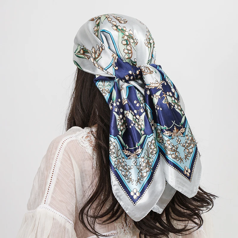 Satin Seide Quadrat Schal Frauen Blumendruck Schal Mode Halstuch Damen Stirnband Haarbänder Foulard Wraps Hijab Bandana 90 cm