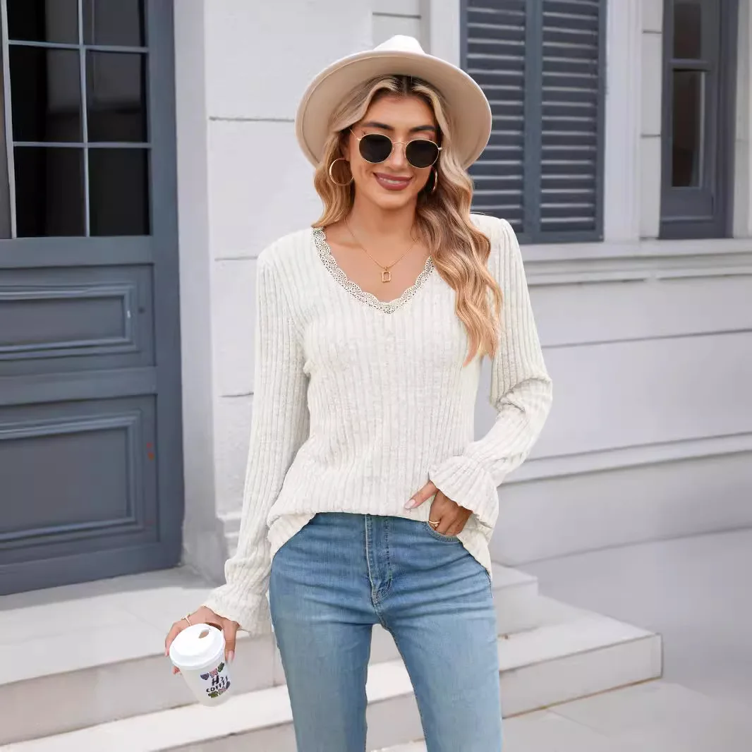 2024 Autumn New Product Solid Color Pit Strip Polished Casual V-neck Cardigan for Women Lace Long-sleeved Bottoming Shirt