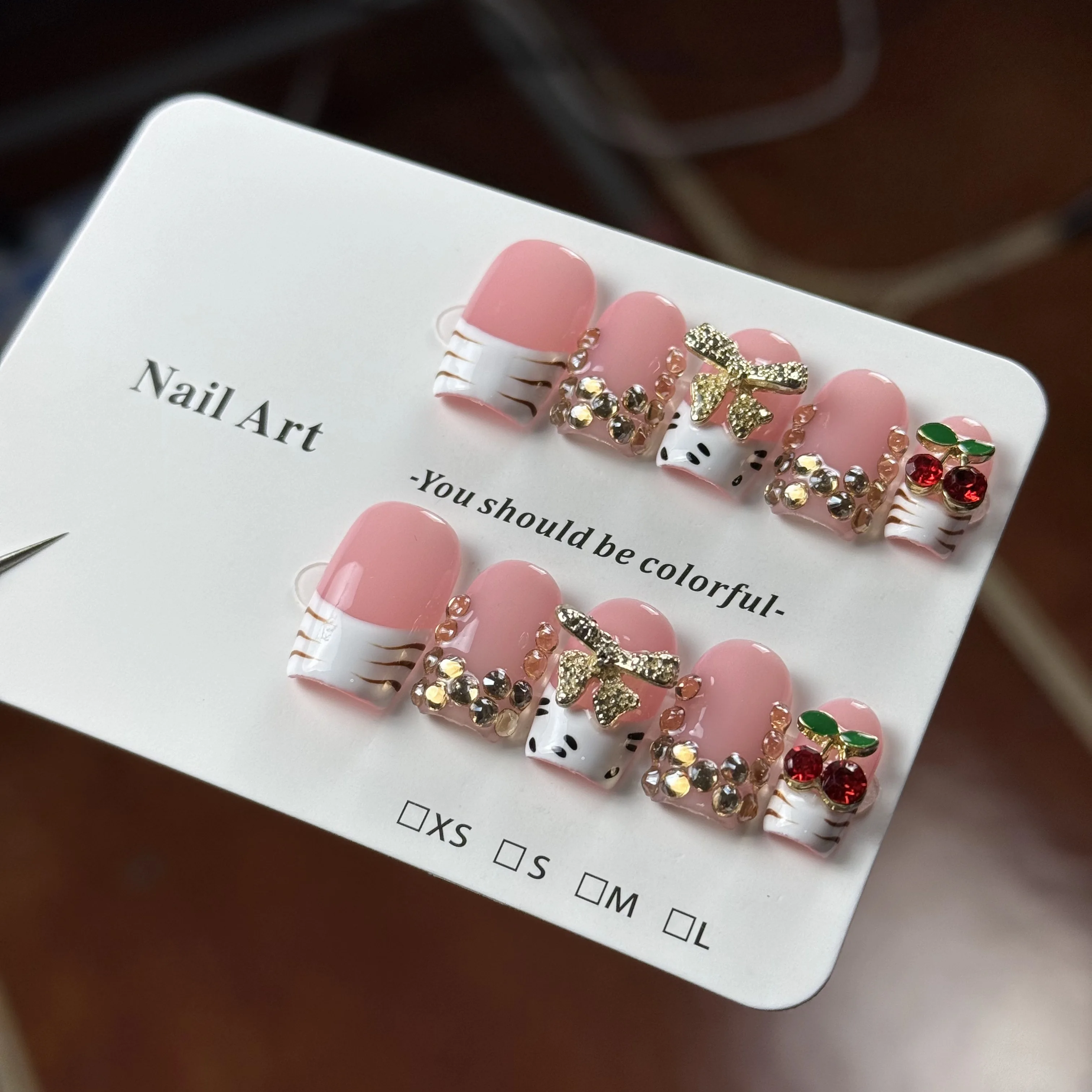 10pcs high-end Hand-painted zebra stripes, three-dimensional bows, cherries, and sparkling pile diamonds handmade French Tip