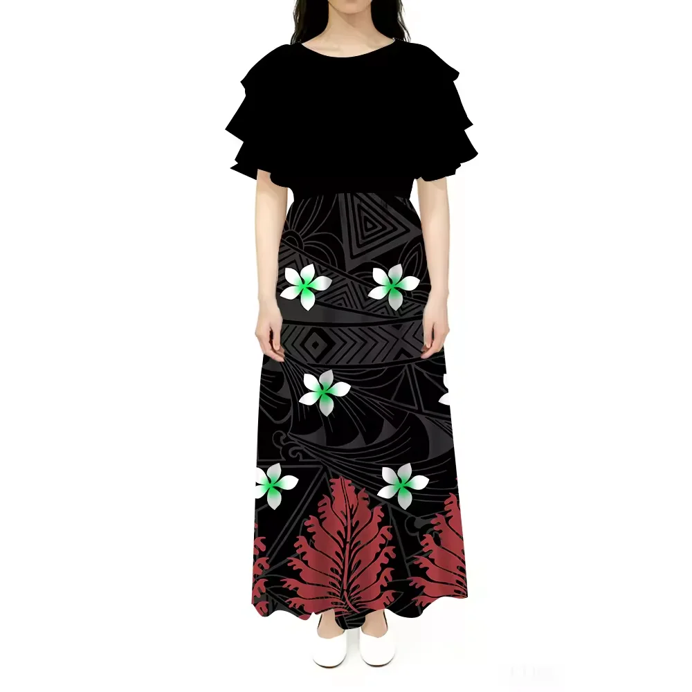 1MOQ Wholesale Custom Double Layered Ruffle Short Sleeve Dress New Zealand Print Women's O-neck Polynesian Evening Dress