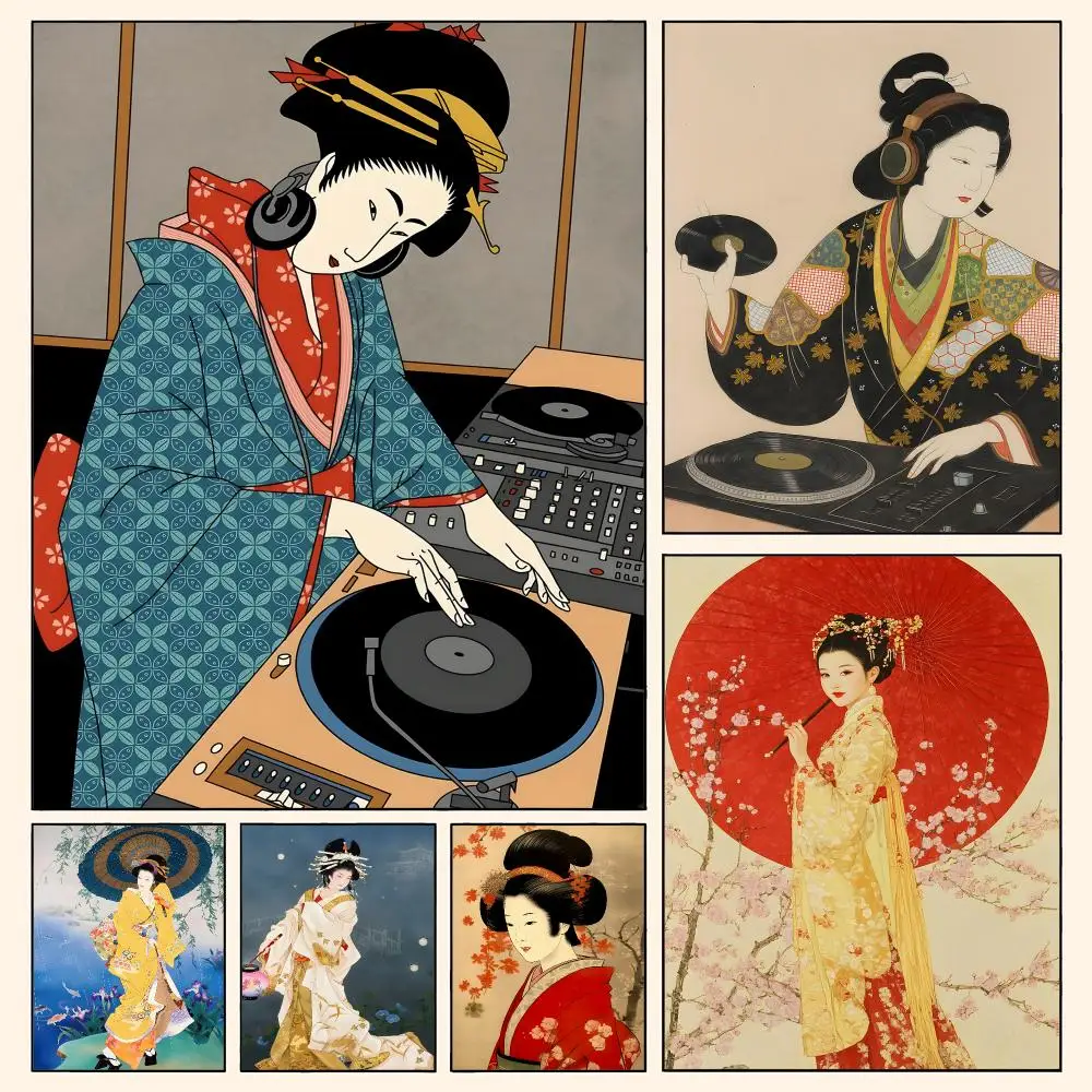 Vintage Geisha Poster Waterproof HD Modern Peel And Stick Wall Decor Living Room Dorm Garage