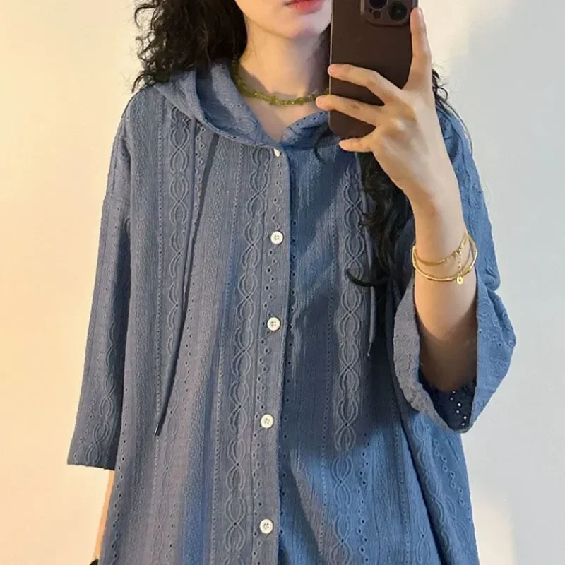 

Women Hooded Loose Geometric Hollow Out Embroidery Shirt Casual Boho Style Three Quarter Sleeve Mid Length Lightweight Summer