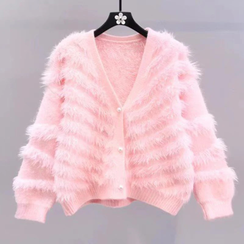 Autumn Long Sleeve Knitted White Cardigan Warm V Neck Sweater Winter Vintage Fluffy Mink Cashmere Cardigan Women Coat Women tops