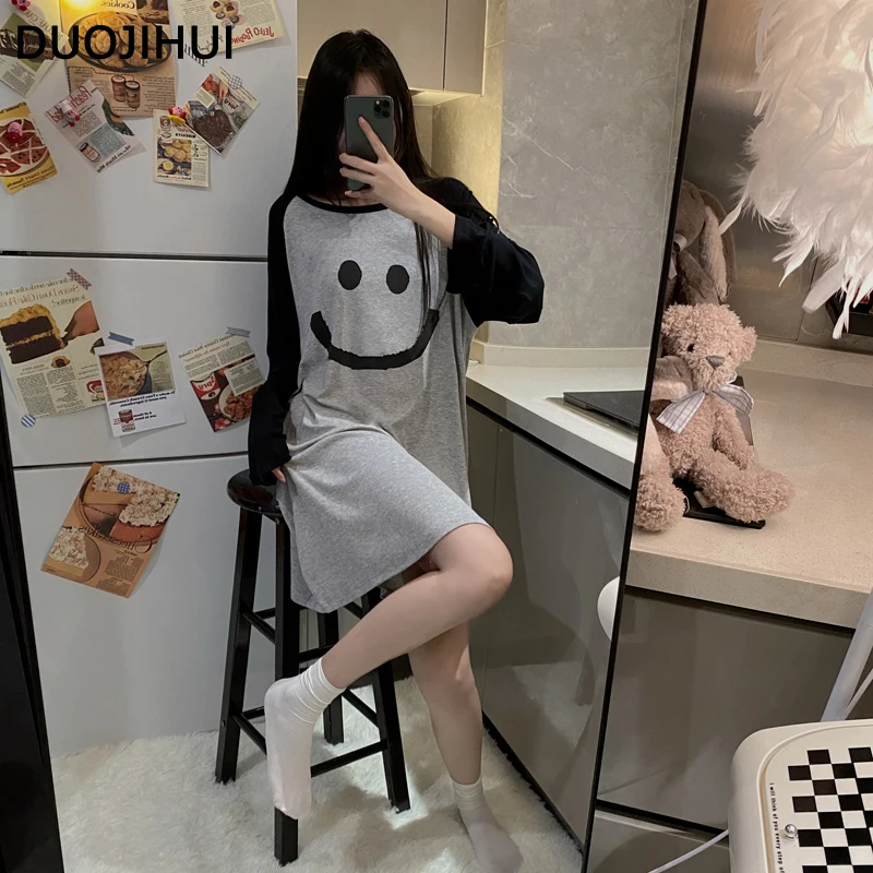 DUOJIHUI Korean Autumn New Contrast Color Female Nightgown Chic Print Sweet Loose Casual Fashion 3-colors Simple Sleepwear Women