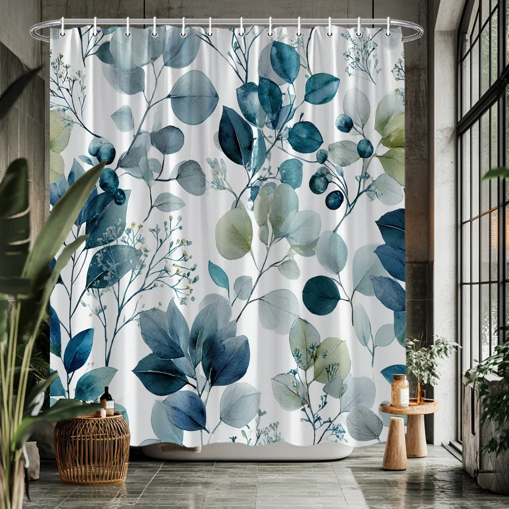 Watercolor Eucalyptus Shower Curtain – Deep Blue Gray Green Leaves & Berries, 2D Flat Print, Fade-Resistant Polyester, 12 Hooks