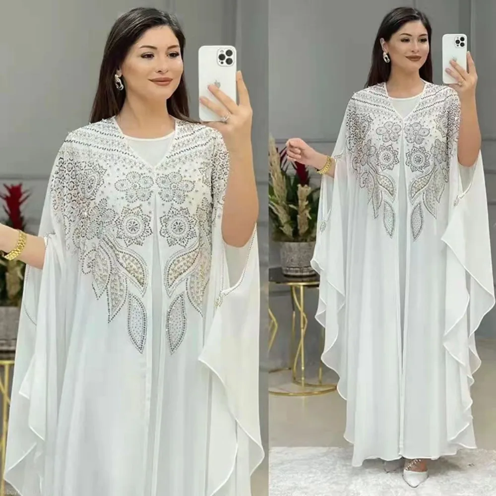 Spring Muslim Eid Women Elegant Diamond Evening Dress Party Batwing Sleeve Long Dresses Ramadan Abayas Caftan Kaftan Abaya